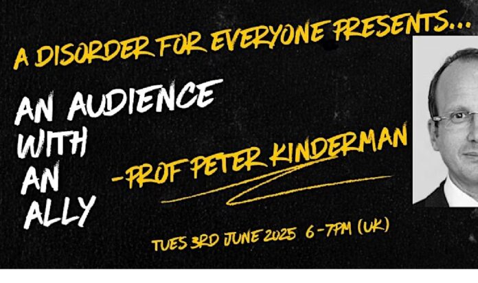 Bilde av plakaten AD4E - AN AUDIENCE WITH AN ALLY - professor Peter Kindman tirsdag 3. juni 2025