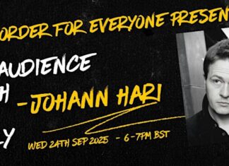 AD4E – Eit møte med Johann Hari 24.09.2025 Bilde av plakat av AD4E arrangementet 24.09.2025 med Johann Hari