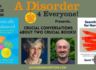 AD4E 8. mai 2025 med Joanna Moncrieff og Sami Timimi Bilete A Disorder 4 Everyone - Arrangement 8. mai 2025 med professorane Joanna Moncrieff og Sami Timimi. Dei vil her diskutere dei nyaste bøkene sine, viktige og vektige bidrag til den kritiske diskursen innan feltet «psykisk helse».