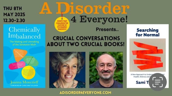 Bilete A Disorder 4 Everyone - Arrangement 8. mai 2025 med professorane Joanna Moncrieff og Sami Timimi. Dei vil her diskutere dei nyaste bøkene sine, viktige og vektige bidrag til den kritiske diskursen innan feltet «psykisk helse».