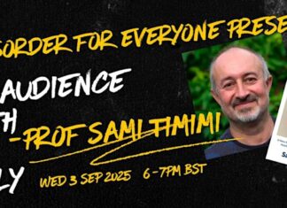 AD4E – Eit møte med ein alliert – professor Sami Timimi Plakat. A disorder for everyone – Eit møte med ein alliert – professor Sami Timimi 3. september 2025.