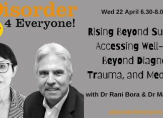 22. april: Rising Beyond Suffering: Accessing Well-Being Beyond Diagnosis, Trauma, & Medication Plakat - A Disorder 4 Everyone! 22. april 2026 Rising Beyond Suffering: Accessing Well-Being Beyond Diagnosis, Trauma and Medication